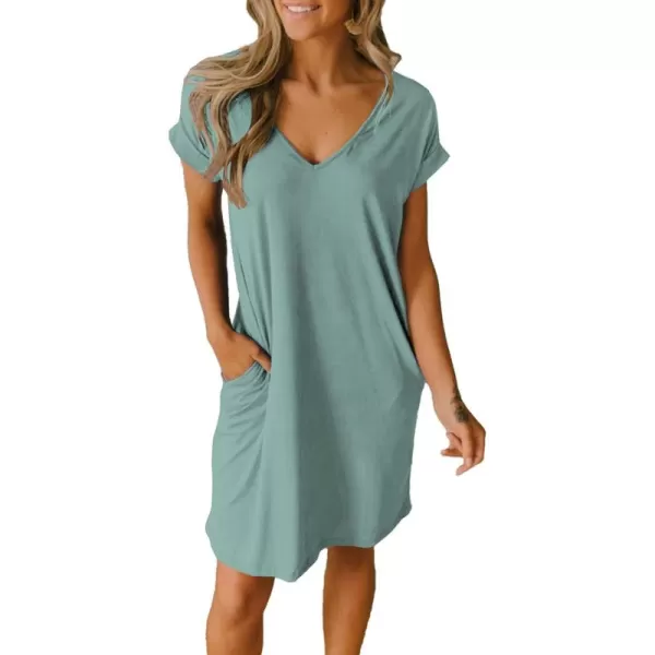 BTFBM Women VNeck Short Sleeve Summer Dresses 2024 Spring Casual Loose TShirt Tunic Short Dress Pajamas with PocketsGrey Green