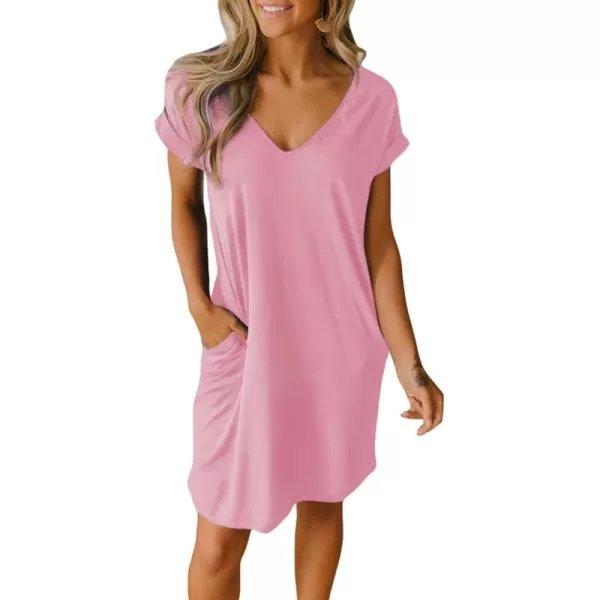 BTFBM Women VNeck Short Sleeve Summer Dresses 2024 Spring Casual Loose TShirt Tunic Short Dress Pajamas with PocketsLight Pink