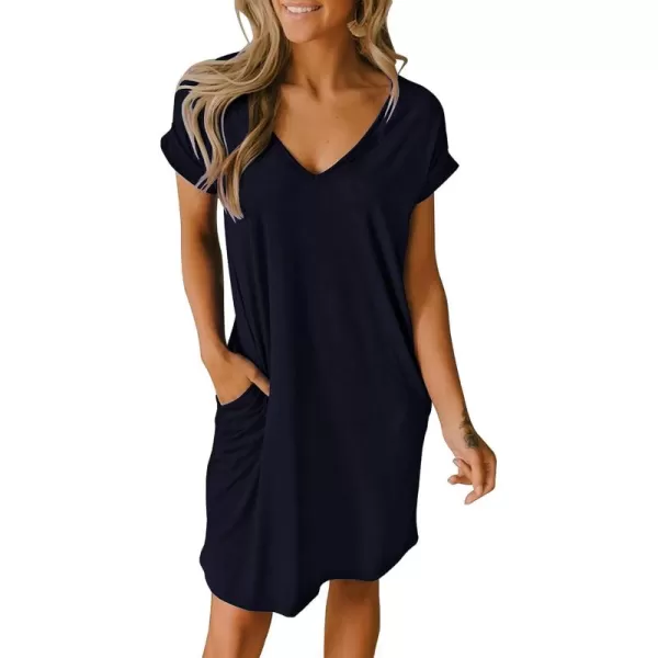 BTFBM Women VNeck Short Sleeve Summer Dresses 2024 Spring Casual Loose TShirt Tunic Short Dress Pajamas with PocketsNavy