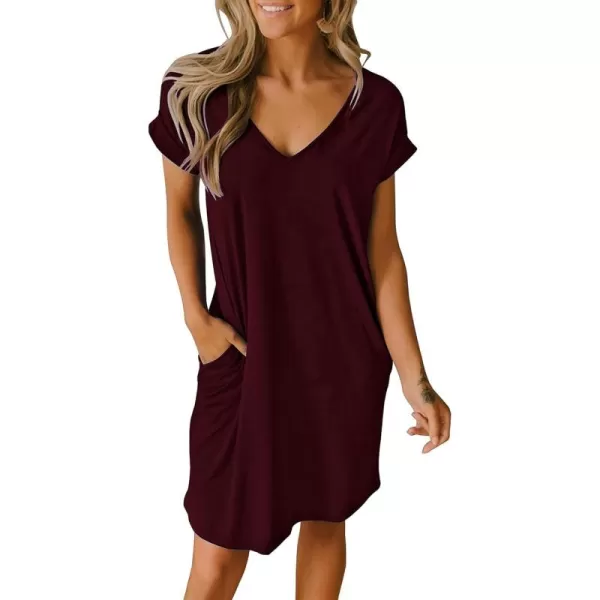 BTFBM Women VNeck Short Sleeve Summer Dresses 2024 Spring Casual Loose TShirt Tunic Short Dress Pajamas with PocketsWine Red