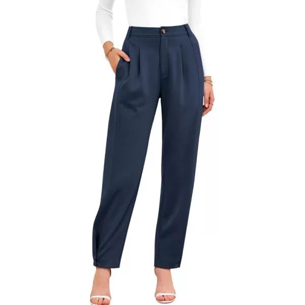 BTFBM Womens 2024 Casual Button Down Pants Elastic High Waist Business Work Trousers Long Straight Slacks with PocketsSolid Dark Blue