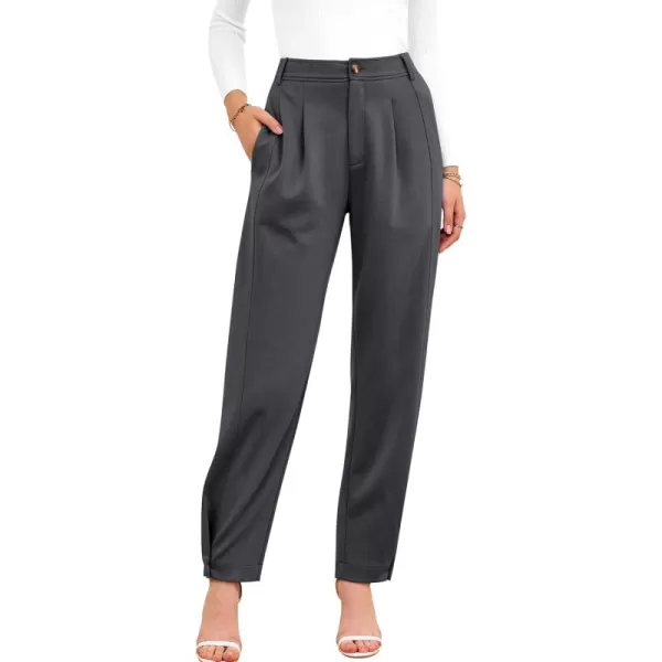 BTFBM Womens 2024 Casual Button Down Pants Elastic High Waist Business Work Trousers Long Straight Slacks with PocketsSolid Dark Grey