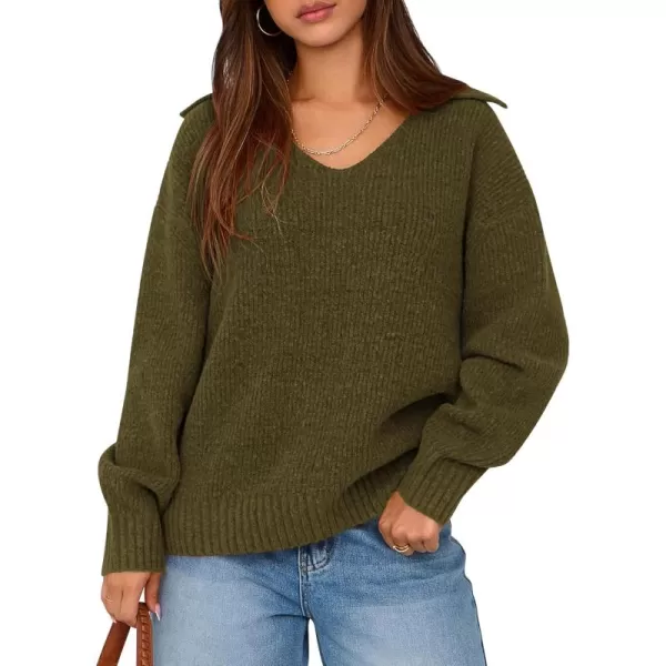 BTFBM Womens 2024 Fall Winter Sweaters Long Sleeve V Neck Lapel Collar Casual Pullover Oversized Knitted Jumper TopsArmy Green