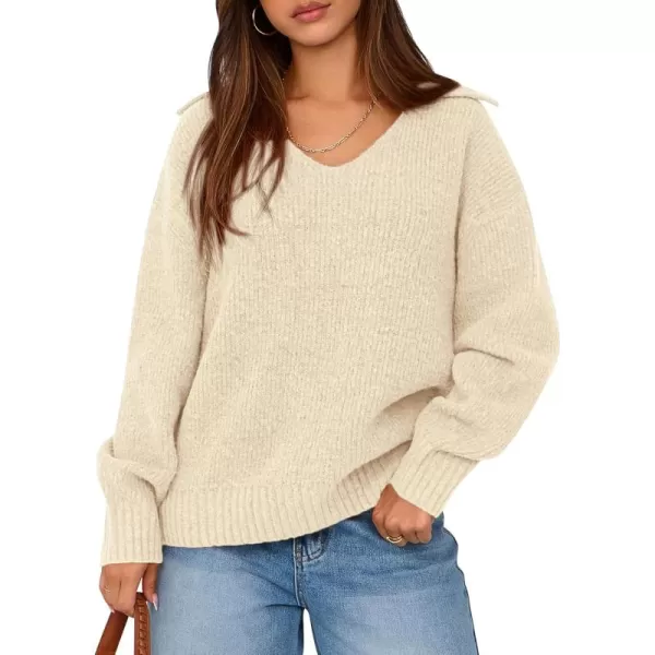 BTFBM Womens 2024 Fall Winter Sweaters Long Sleeve V Neck Lapel Collar Casual Pullover Oversized Knitted Jumper TopsBeige
