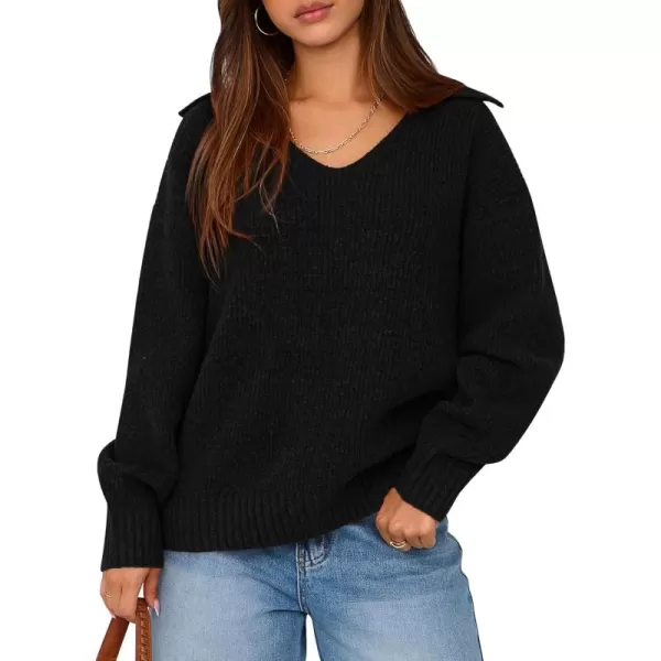 BTFBM Womens 2024 Fall Winter Sweaters Long Sleeve V Neck Lapel Collar Casual Pullover Oversized Knitted Jumper TopsBlack