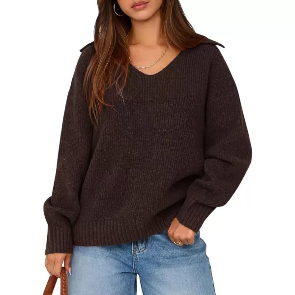 BTFBM Womens 2024 Fall Winter Sweaters Long Sleeve V Neck Lapel Collar Casual Pullover Oversized Knitted Jumper TopsCoffee