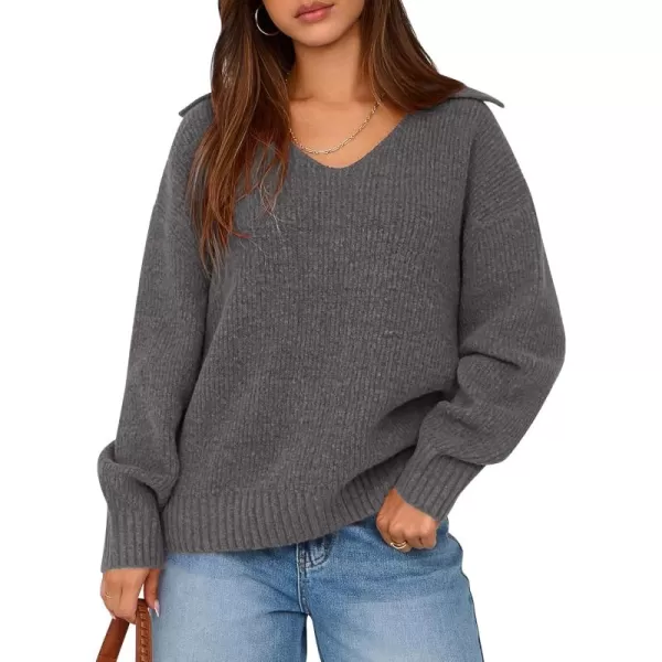 BTFBM Womens 2024 Fall Winter Sweaters Long Sleeve V Neck Lapel Collar Casual Pullover Oversized Knitted Jumper TopsGrey