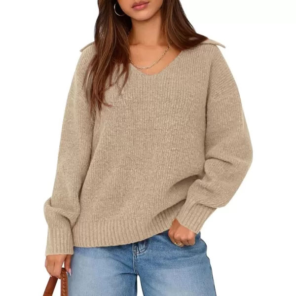 BTFBM Womens 2024 Fall Winter Sweaters Long Sleeve V Neck Lapel Collar Casual Pullover Oversized Knitted Jumper TopsKhaki