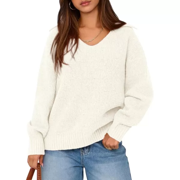 BTFBM Womens 2024 Fall Winter Sweaters Long Sleeve V Neck Lapel Collar Casual Pullover Oversized Knitted Jumper TopsWhite