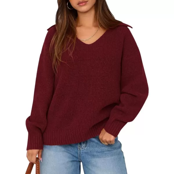 BTFBM Womens 2024 Fall Winter Sweaters Long Sleeve V Neck Lapel Collar Casual Pullover Oversized Knitted Jumper TopsWine Red
