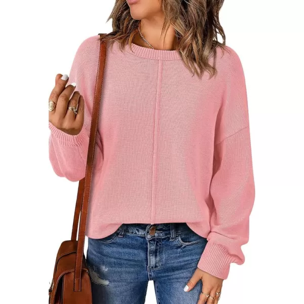 BTFBM Womens Loose Pullover Sweaters 2024 Fall Winter Clothes Crew Neck Slouchy Long Sleeve Casual Knitted TopsSolid Pink