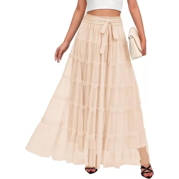 BTFBM Womens Skirts Party Cocktail 2024 Summer Fairy Skirt Elastic Waist Ruffle Tiered ALine Belt Tulle Maxi DressesSolid Beige