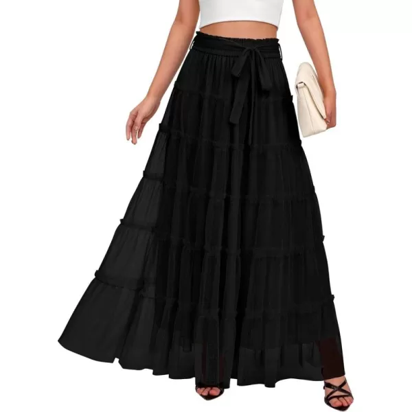BTFBM Womens Skirts Party Cocktail 2024 Summer Fairy Skirt Elastic Waist Ruffle Tiered ALine Belt Tulle Maxi DressesSolid Black
