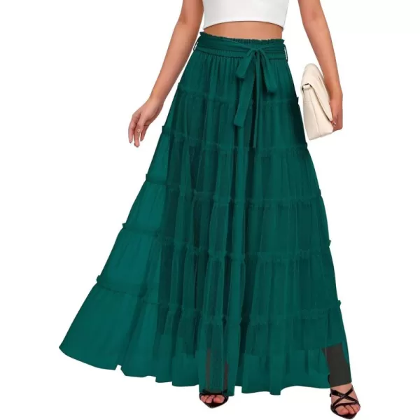 BTFBM Womens Skirts Party Cocktail 2024 Summer Fairy Skirt Elastic Waist Ruffle Tiered ALine Belt Tulle Maxi DressesSolid Dark Green