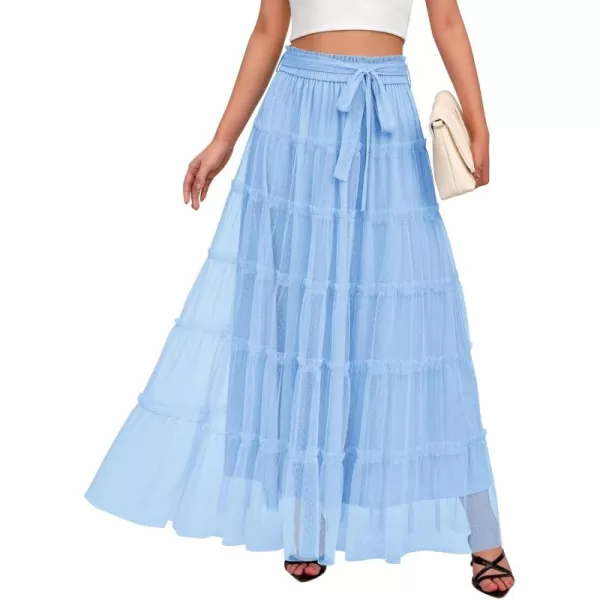 BTFBM Womens Skirts Party Cocktail 2024 Summer Fairy Skirt Elastic Waist Ruffle Tiered ALine Belt Tulle Maxi DressesSolid Light Blue