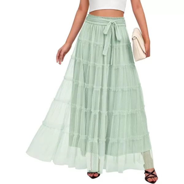 BTFBM Womens Skirts Party Cocktail 2024 Summer Fairy Skirt Elastic Waist Ruffle Tiered ALine Belt Tulle Maxi DressesSolid Light Green