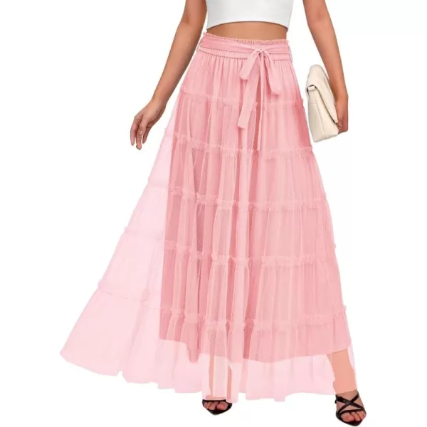 BTFBM Womens Skirts Party Cocktail 2024 Summer Fairy Skirt Elastic Waist Ruffle Tiered ALine Belt Tulle Maxi DressesSolid Pink