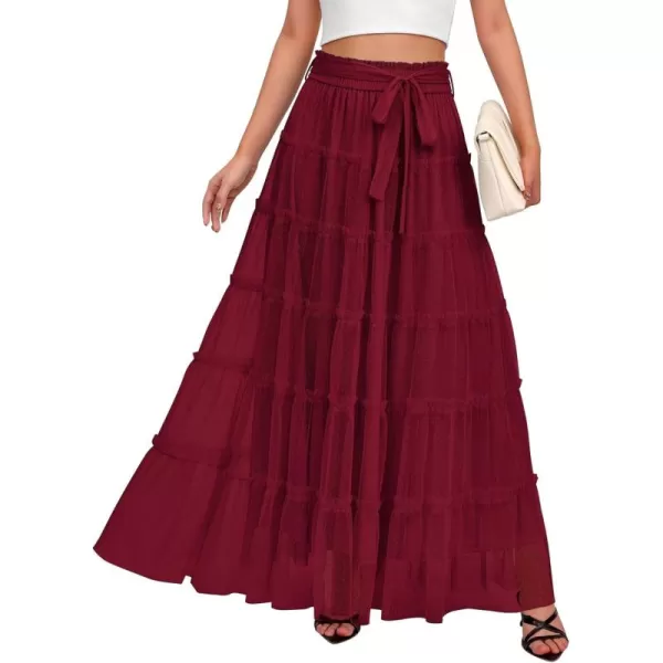 BTFBM Womens Skirts Party Cocktail 2024 Summer Fairy Skirt Elastic Waist Ruffle Tiered ALine Belt Tulle Maxi DressesSolid Wine Red