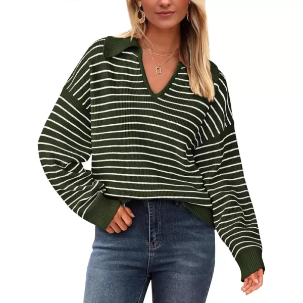 BTFBM Womens Striped Long Sleeve Sweater 2024 Fall Winter Fashion V Neck Lapel Collar Ribbed Knit Loose Pullover TopsStriped Army Green