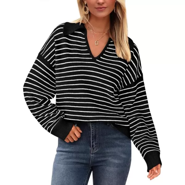 BTFBM Womens Striped Long Sleeve Sweater 2024 Fall Winter Fashion V Neck Lapel Collar Ribbed Knit Loose Pullover TopsStriped Black White