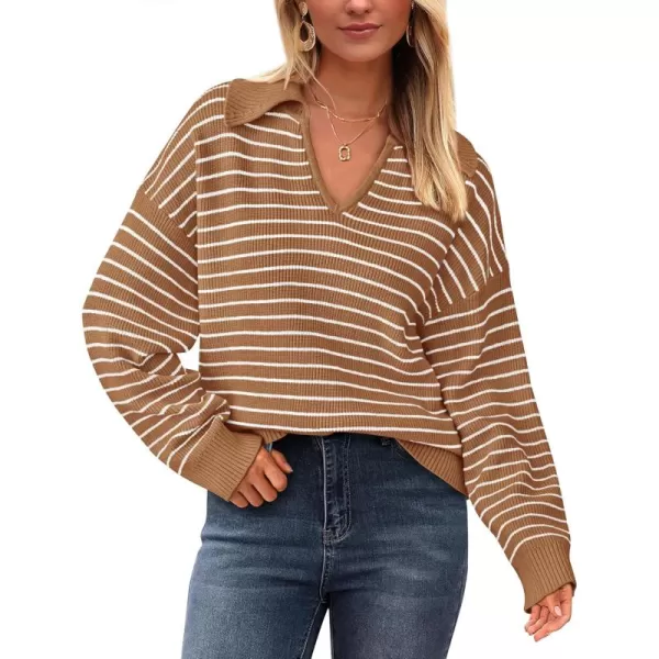 BTFBM Womens Striped Long Sleeve Sweater 2024 Fall Winter Fashion V Neck Lapel Collar Ribbed Knit Loose Pullover TopsStriped Khaki