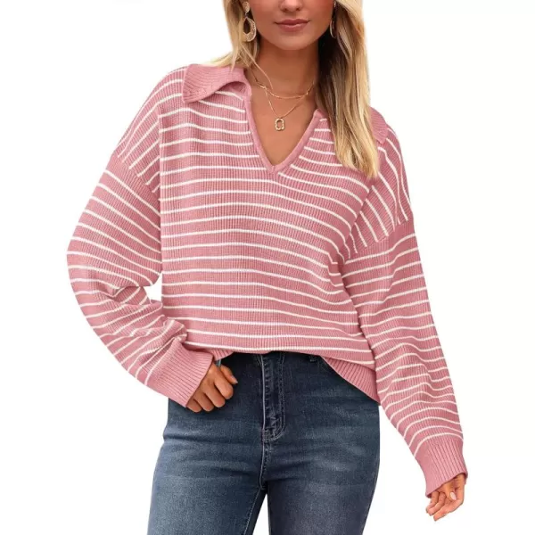 BTFBM Womens Striped Long Sleeve Sweater 2024 Fall Winter Fashion V Neck Lapel Collar Ribbed Knit Loose Pullover TopsStriped Pink