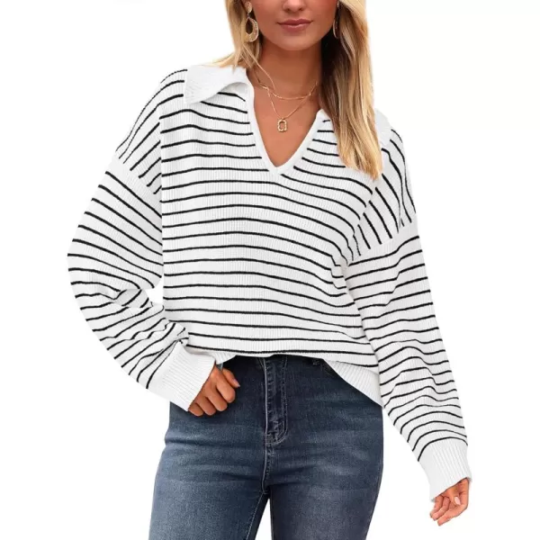 BTFBM Womens Striped Long Sleeve Sweater 2024 Fall Winter Fashion V Neck Lapel Collar Ribbed Knit Loose Pullover TopsStriped White Black