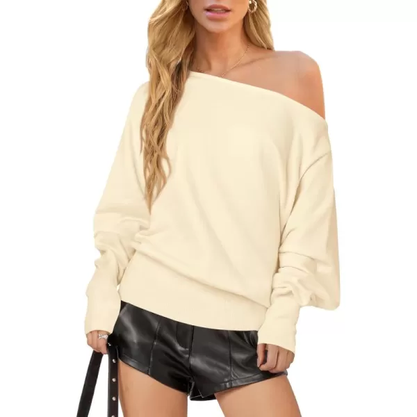 BTFBM Womens Trendy Off Shoulder Sweater 2024 Fall Long Sleeve Casual Loose Tunics Asymmetrical Pullover Going Out TopsBeige White