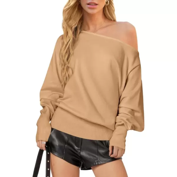 BTFBM Womens Trendy Off Shoulder Sweater 2024 Fall Long Sleeve Casual Loose Tunics Asymmetrical Pullover Going Out TopsKhaki