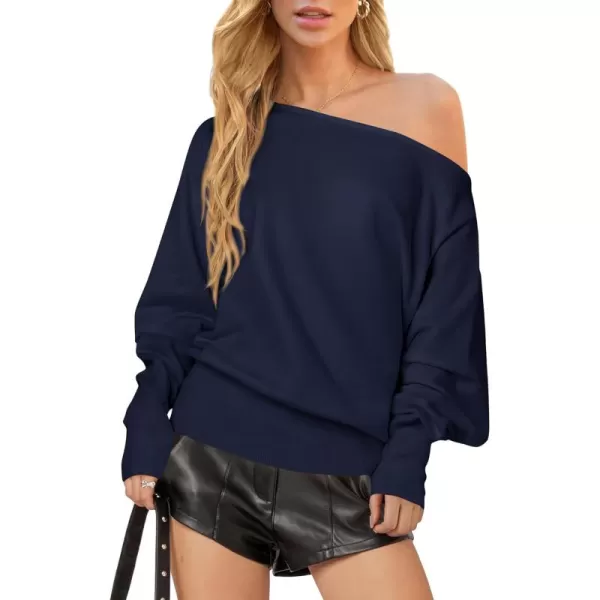 BTFBM Womens Trendy Off Shoulder Sweater 2024 Fall Long Sleeve Casual Loose Tunics Asymmetrical Pullover Going Out TopsNavy