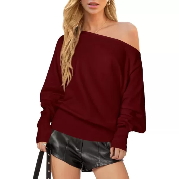 BTFBM Womens Trendy Off Shoulder Sweater 2024 Fall Long Sleeve Casual Loose Tunics Asymmetrical Pullover Going Out TopsWine Red