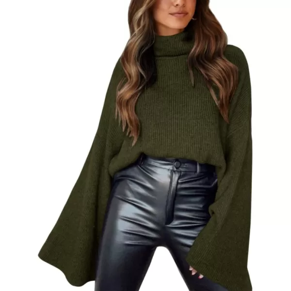 BTFBM Womens Turtleneck Pullover Sweaters 2024 Fall Winter Bell Long Sleeve Slouchy Oversized Ribbed Knit Jumper TopsSolid Army Green