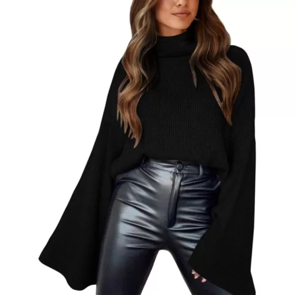 BTFBM Womens Turtleneck Pullover Sweaters 2024 Fall Winter Bell Long Sleeve Slouchy Oversized Ribbed Knit Jumper TopsSolid Black