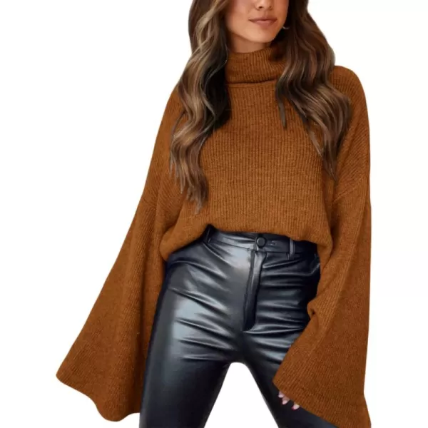 BTFBM Womens Turtleneck Pullover Sweaters 2024 Fall Winter Bell Long Sleeve Slouchy Oversized Ribbed Knit Jumper TopsSolid Brown