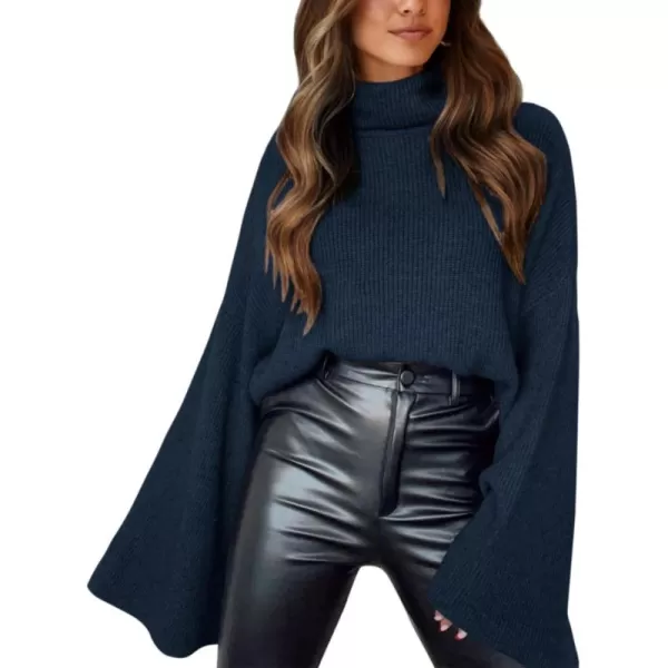 BTFBM Womens Turtleneck Pullover Sweaters 2024 Fall Winter Bell Long Sleeve Slouchy Oversized Ribbed Knit Jumper TopsSolid Dark Blue
