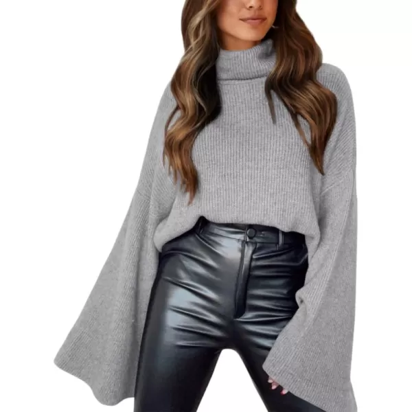 BTFBM Womens Turtleneck Pullover Sweaters 2024 Fall Winter Bell Long Sleeve Slouchy Oversized Ribbed Knit Jumper TopsSolid Grey
