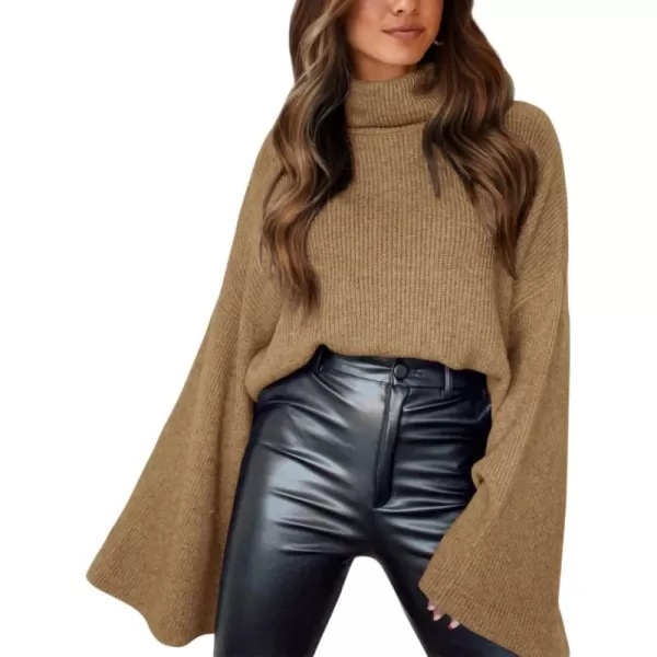 BTFBM Womens Turtleneck Pullover Sweaters 2024 Fall Winter Bell Long Sleeve Slouchy Oversized Ribbed Knit Jumper TopsSolid Khaki