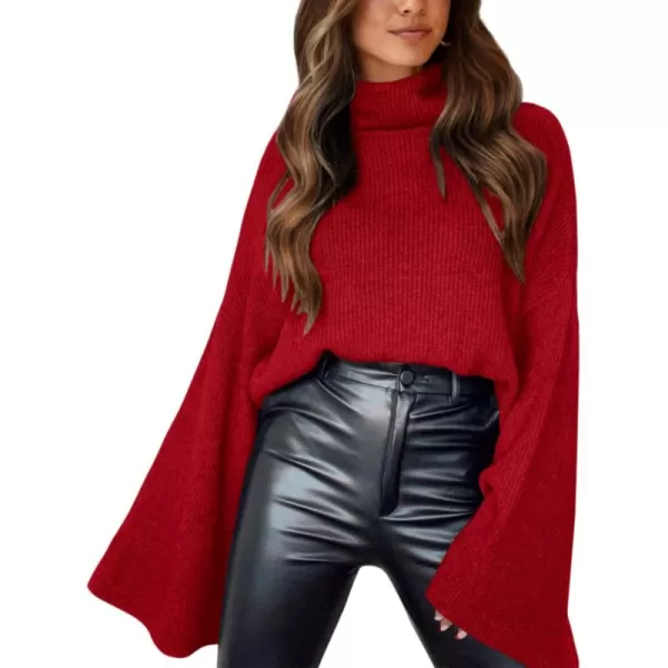 BTFBM Womens Turtleneck Pullover Sweaters 2024 Fall Winter Bell Long Sleeve Slouchy Oversized Ribbed Knit Jumper TopsSolid Red