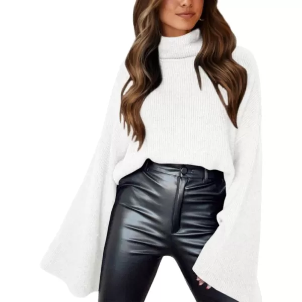 BTFBM Womens Turtleneck Pullover Sweaters 2024 Fall Winter Bell Long Sleeve Slouchy Oversized Ribbed Knit Jumper TopsSolid White