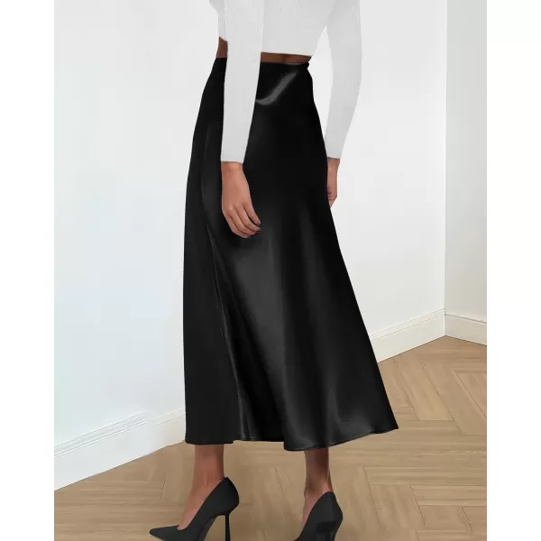 BTFBM 2024 Women Long Satin Summer Spring Skirt Silk Elegant High Waist Cocktail Party Wedding Flared ALine Midi SkirtsSolid Black