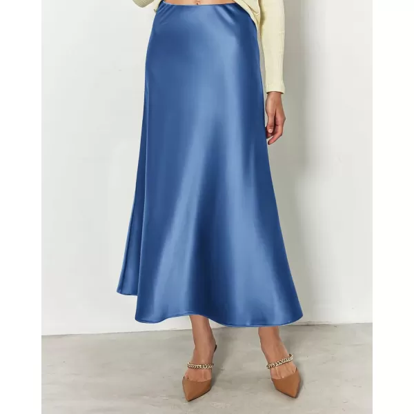 BTFBM 2024 Women Long Satin Summer Spring Skirt Silk Elegant High Waist Cocktail Party Wedding Flared ALine Midi SkirtsSolid Blue