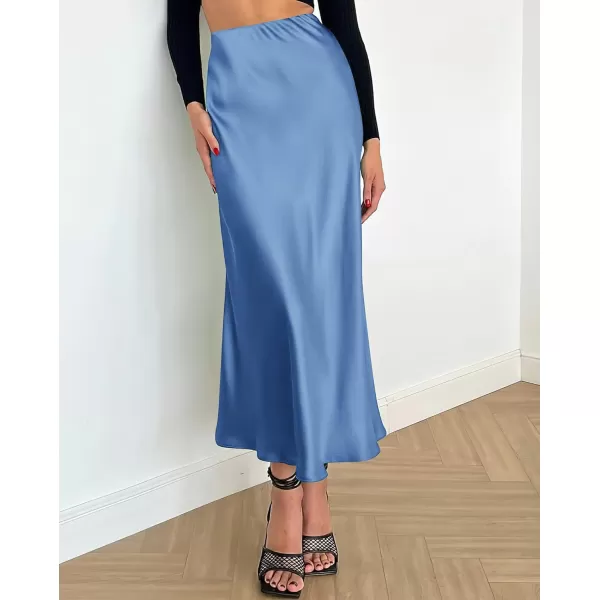 BTFBM 2024 Women Long Satin Summer Spring Skirt Silk Elegant High Waist Cocktail Party Wedding Flared ALine Midi SkirtsSolid Blue