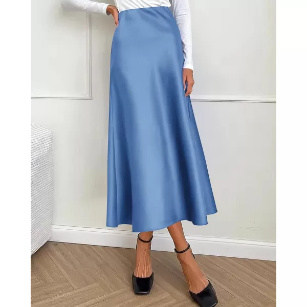 BTFBM 2024 Women Long Satin Summer Spring Skirt Silk Elegant High Waist Cocktail Party Wedding Flared ALine Midi SkirtsSolid Blue