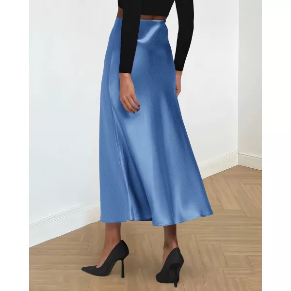 BTFBM 2024 Women Long Satin Summer Spring Skirt Silk Elegant High Waist Cocktail Party Wedding Flared ALine Midi SkirtsSolid Blue