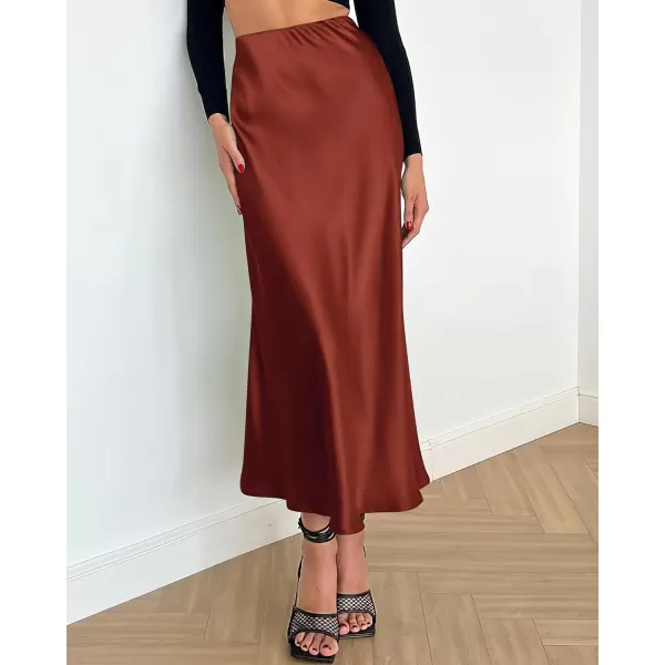 BTFBM 2024 Women Long Satin Summer Spring Skirt Silk Elegant High Waist Cocktail Party Wedding Flared ALine Midi SkirtsSolid Brown