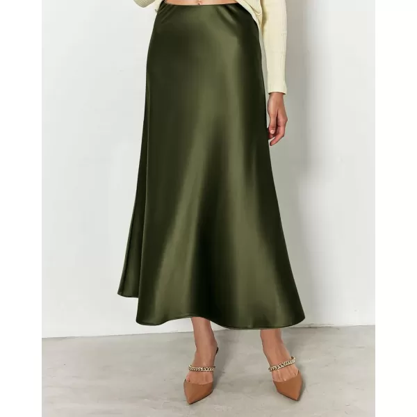 BTFBM 2024 Women Long Satin Summer Spring Skirt Silk Elegant High Waist Cocktail Party Wedding Flared ALine Midi SkirtsSolid Light Army Green