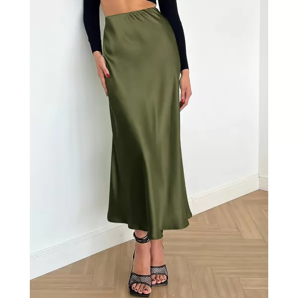 BTFBM 2024 Women Long Satin Summer Spring Skirt Silk Elegant High Waist Cocktail Party Wedding Flared ALine Midi SkirtsSolid Light Army Green