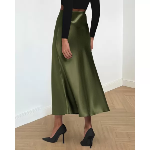 BTFBM 2024 Women Long Satin Summer Spring Skirt Silk Elegant High Waist Cocktail Party Wedding Flared ALine Midi SkirtsSolid Light Army Green