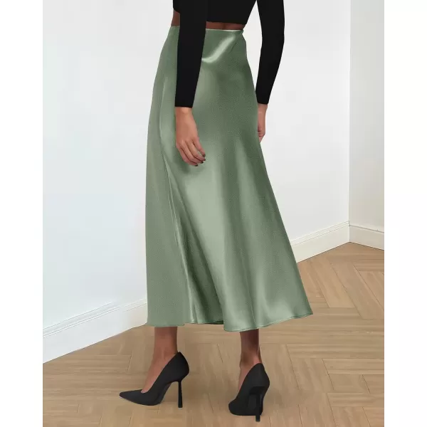 BTFBM 2024 Women Long Satin Summer Spring Skirt Silk Elegant High Waist Cocktail Party Wedding Flared ALine Midi SkirtsSolid Light Green