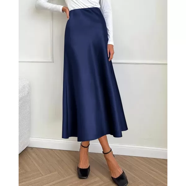 BTFBM 2024 Women Long Satin Summer Spring Skirt Silk Elegant High Waist Cocktail Party Wedding Flared ALine Midi SkirtsSolid Navy